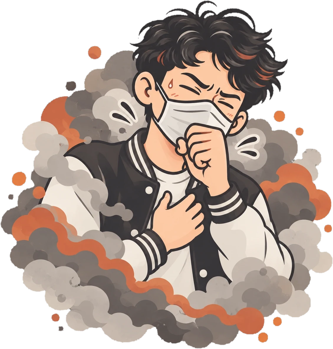 Illustration of Abi in a varsity jacket and face mask, coughing in wildfire smoke