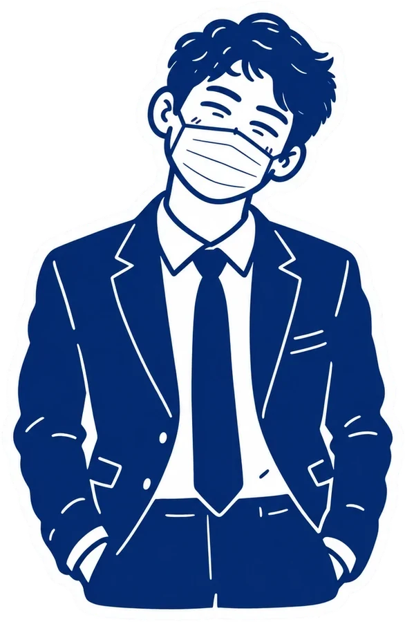 Illustration of Abi in a navy suit, now wearing a face mask