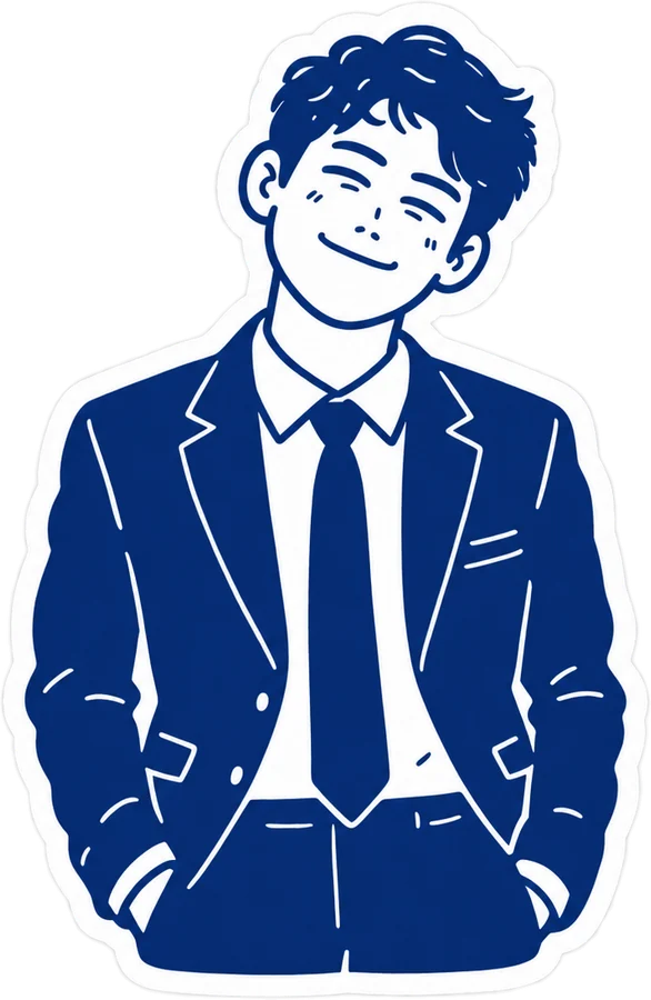 Illustration of Abi in a navy suit, smiling with his hands in his pockets