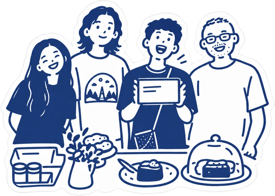 Illustration of four people behind a bakery counter, one holding up a tablet